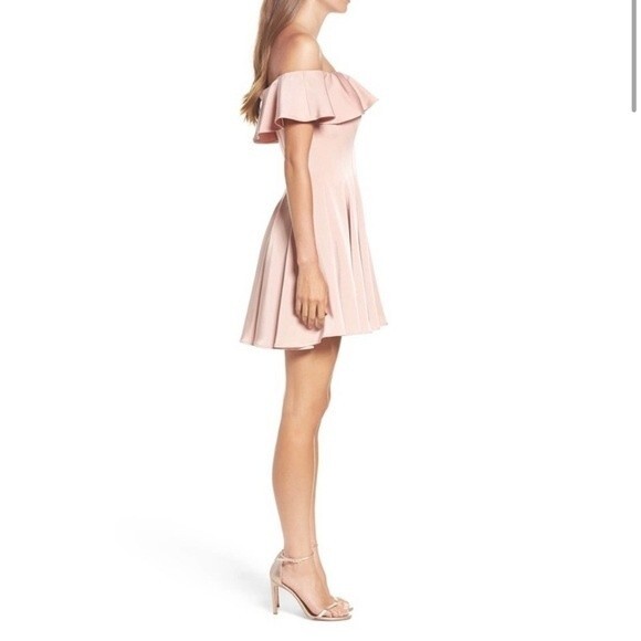 NWOT LA FEMME | Ruffle Off the Shoulder Pink Fit & Flare Mini Dress 2 - Picture 3 of 13